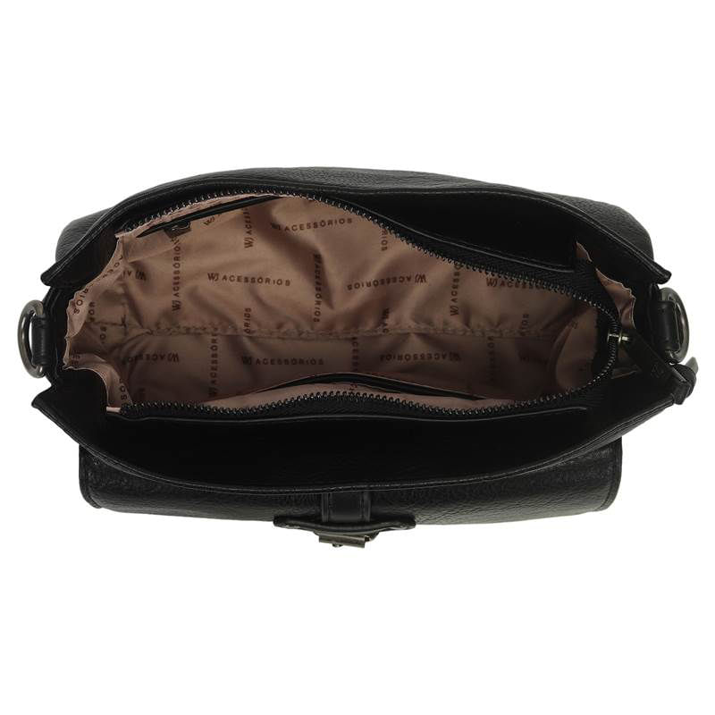 Interior da bolsa tiracolo feminina WJ com forro sintético e compartimentos com zíper